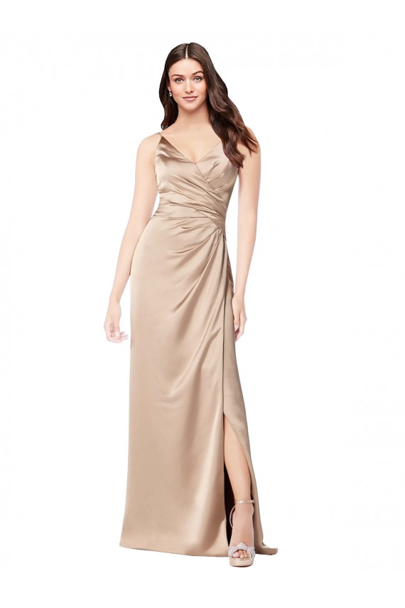 Meilleures Champagne Rose Trapèze Bretelles spaghetti Col V Satiné Soyeux Longue Formelles Robes demoiselle d'honneur / Robes de soirée / Robes de bal
