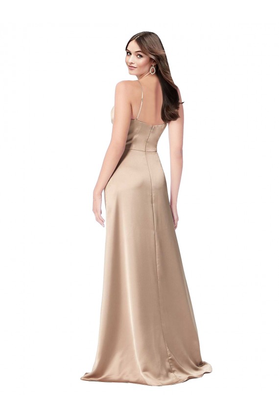 Meilleures Champagne Rose Trapèze Bretelles spaghetti Col V Satiné Soyeux Longue Formelles Robes demoiselle d'honneur / Robes de soirée / Robes de bal