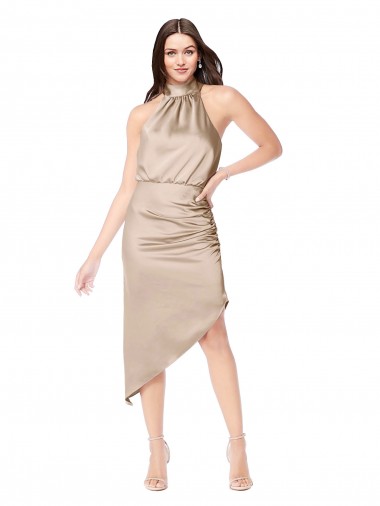 Meilleures Champagne Rose Trapèze Licou midi Satiné Soyeux Courte Asymétrique Robes demoiselle d'honneur / Robes de bal / Robes de cocktail