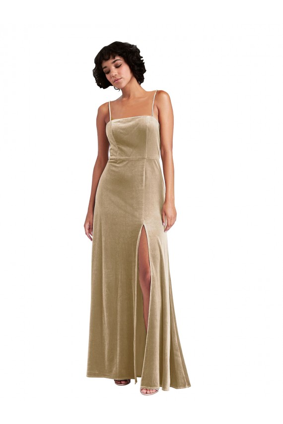 Meilleures Champagne Trapèze Col Carré Velours Stretch Longue Formelles Robes demoiselle d'honneur / Robes de soirée / Robes de bal