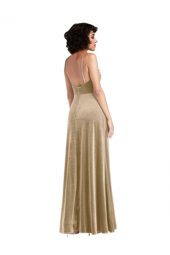Meilleures Champagne Trapèze Col Carré Velours Stretch Longue Formelles Robes demoiselle d'honneur / Robes de soirée / Robes de bal