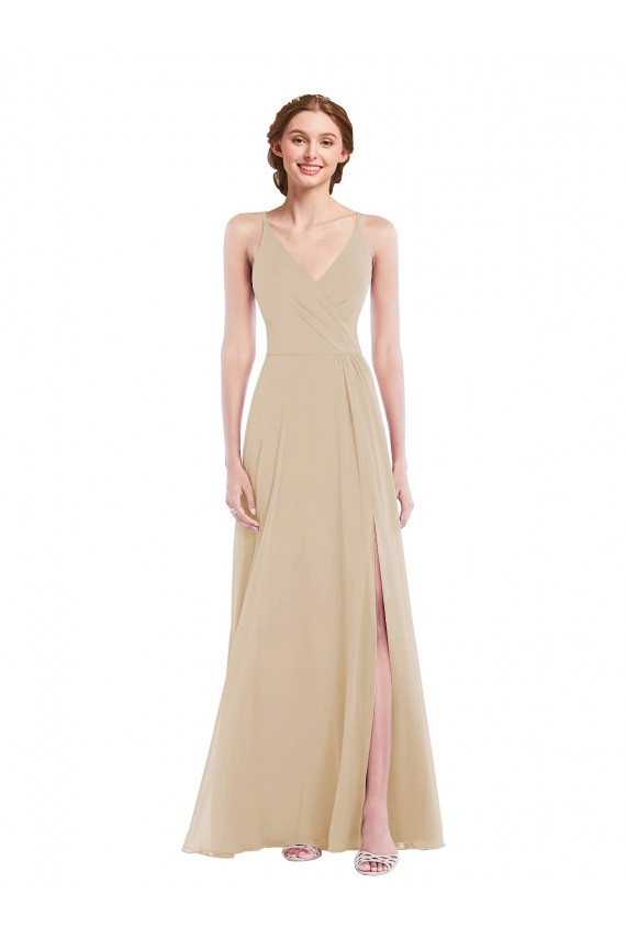 Meilleures Champagne Trapèze Col V Mousseline Longue Robes demoiselle d'honneur