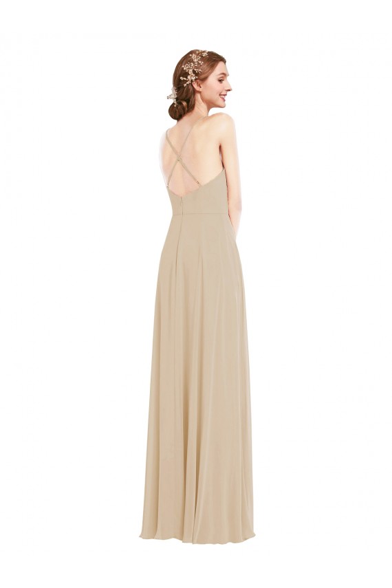 Meilleures Champagne Trapèze Col V Mousseline Longue Robes demoiselle d'honneur