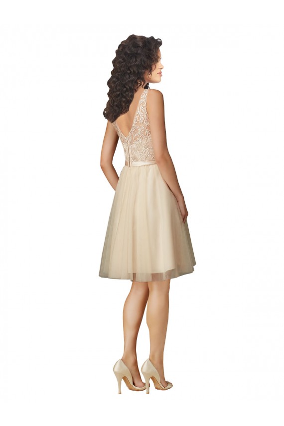 Meilleures Champagne Trapèze Col V Tulle Dentelle Courte Robes demoiselle d'honneur