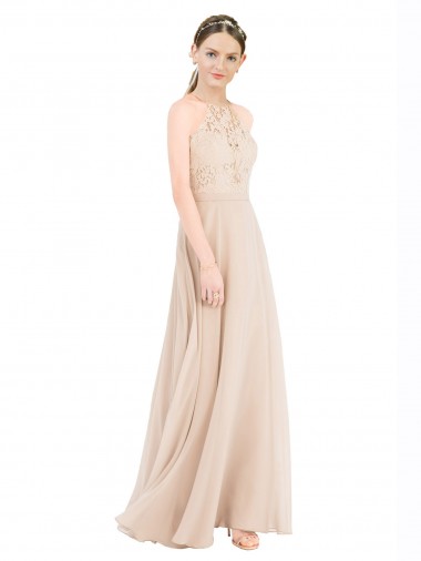 Meilleures Champagne Trapèze Licou Col Haut Mousseline Dentelle Longue Robes demoiselle d'honneur / Robes de bal