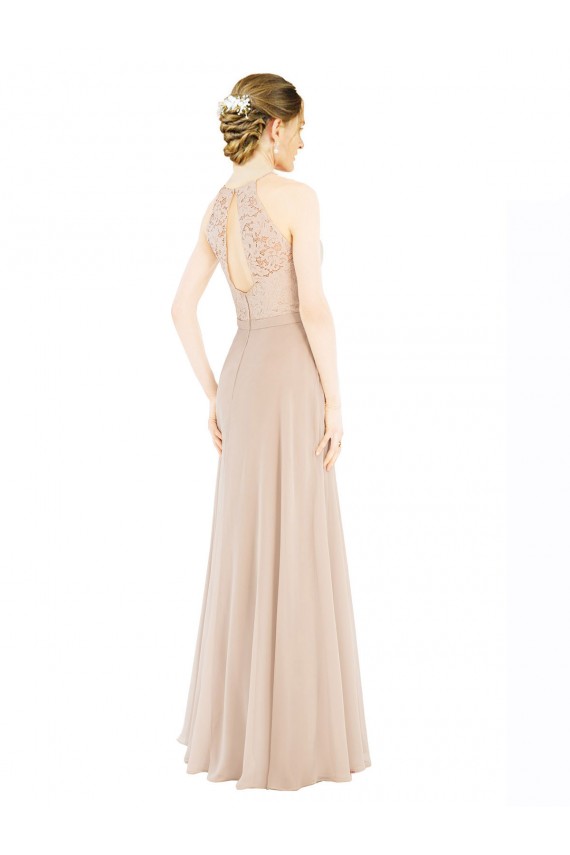 Meilleures Champagne Trapèze Licou Col Haut Mousseline Dentelle Longue Robes demoiselle d'honneur / Robes de bal