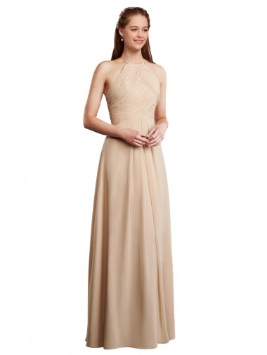 Meilleures Champagne Trapèze Licou Mousseline Longue Robes demoiselle d'honneur