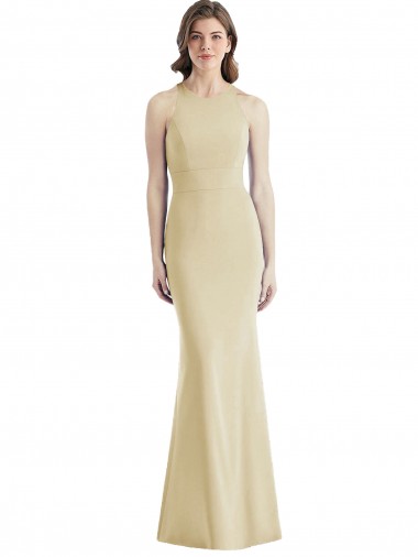Meilleures Champagne Trompette Bateau Crêpe Stretch Longue Robes demoiselle d'honneur / Robes de bal
