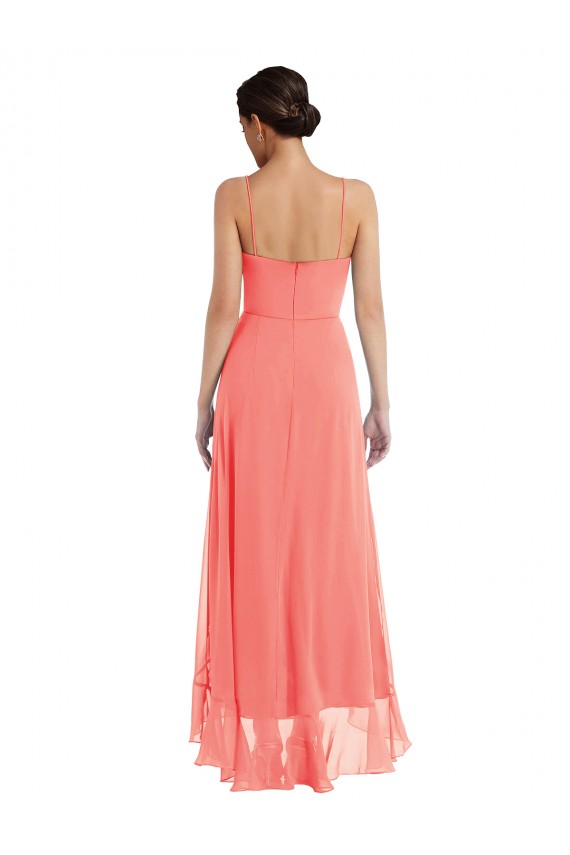 Meilleures Corail Trapèze Bretelles spaghetti Scoop Mousseline Longue Asymétrique Robes demoiselle d'honneur