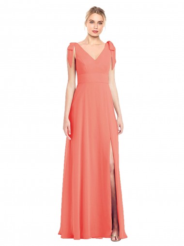 Meilleures Corail Trompette Col V Mousseline Longue Robes demoiselle d'honneur