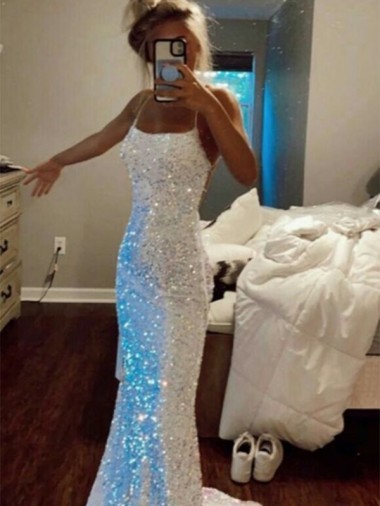 Meilleures Couleur affichée Fourreau Bretelles spaghetti Balayage train Paillettes Velours Longue Robes de bal
