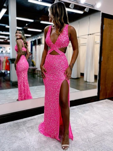 Meilleures Couleur affichée Fourreau Col V Balayage train Paillettes Velours Longue Robes de bal