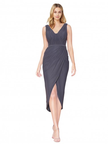 Meilleures Gris ardoise Sirène Col V Mousseline Courte Asymétrique Robes demoiselle d'honneur / Robes de soirée / Robes de bal