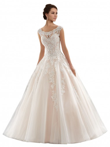 Meilleures Ivoire & Champagne Princesse Bateau Tulle Dentelle Robes de mariée
