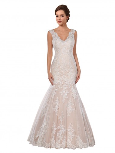 Meilleures Ivoire & Champagne Sirène Col V Dentelle Classique Robes de mariée
