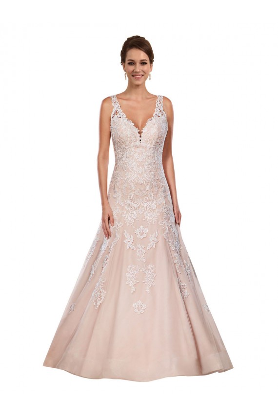 Meilleures Ivoire & Champagne Trapèze Col V Dentelle Classique Robes de mariée