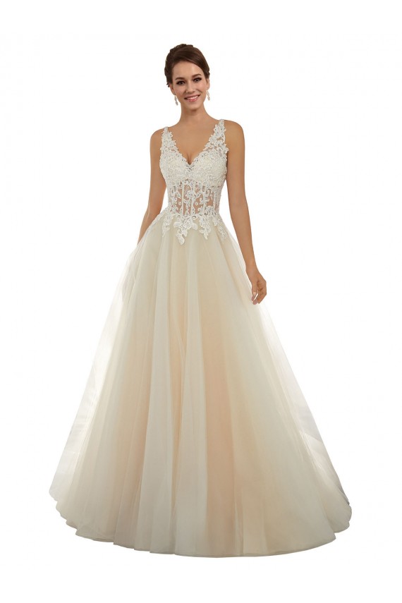 Meilleures Ivoire & Champagne Trapèze Col V Tulle Dentelle Classique Robes de mariée
