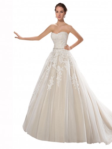 Meilleures Ivoire & Champagne Trapèze Sans bretelle Tulle Dentelle Robes de mariée