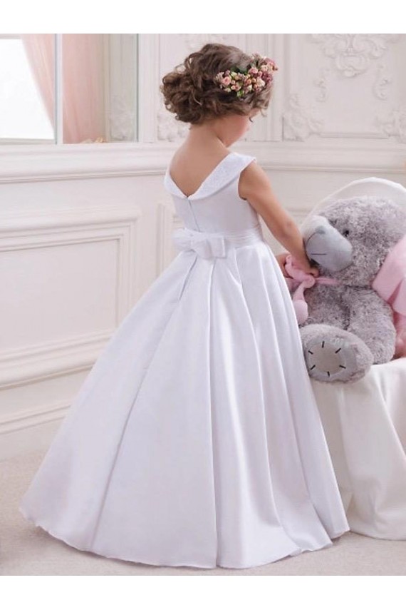 Meilleures Ivoire Princesse Bateau Satiné Dentelle Longue Robes de demoiselle d'honneur - fillette