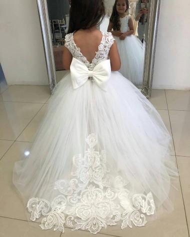 Meilleures Ivoire Princesse Bateau Tulle Dentelle Longue Robes de demoiselle d'honneur - fillette