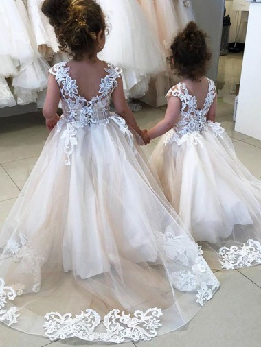 Meilleures Ivoire Princesse Bateau Tulle Dentelle Longue Robes de demoiselle d'honneur - fillette