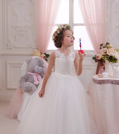 Meilleures Ivoire Princesse Col Haut Tulle Dentelle Longue Robes de demoiselle d'honneur - fillette