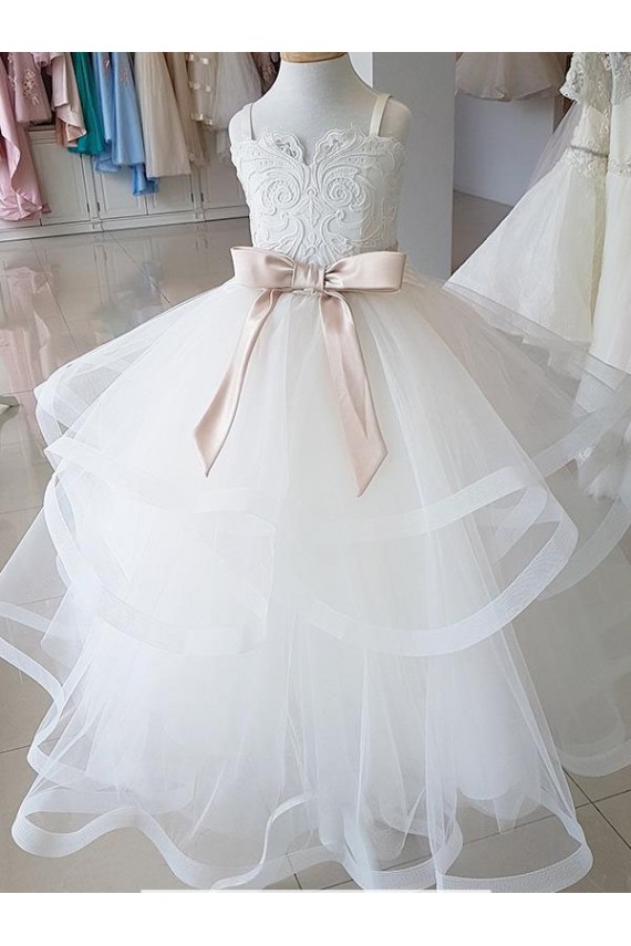 Meilleures Ivoire Princesse Col Haut Tulle Dentelle Longue Robes de demoiselle d'honneur - fillette