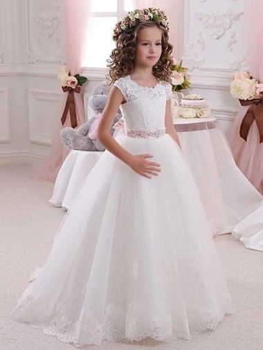 Meilleures Ivoire Princesse Col Haut Tulle Dentelle Longue Robes de demoiselle d'honneur - fillette