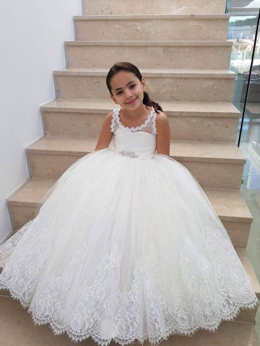Meilleures Ivoire Princesse Col Haut Tulle Dentelle Longue Robes de demoiselle d'honneur - fillette