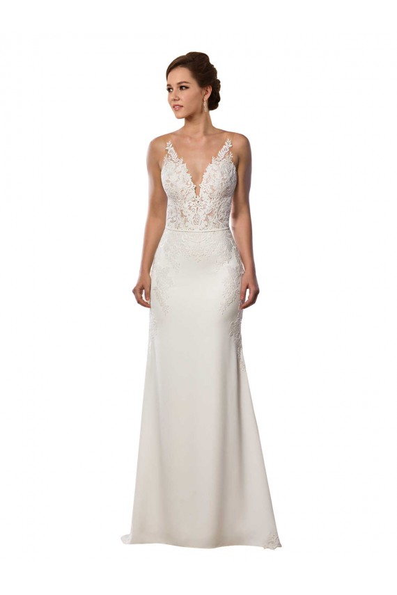 Meilleures Ivoire Sirène Col V Dentelle Crêpe Stretch Robes de mariée
