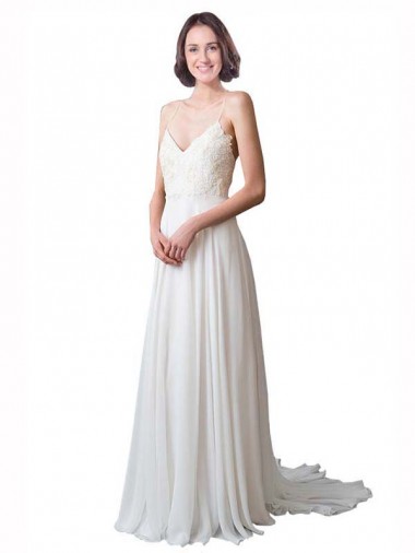 Meilleures Ivoire Trapèze Bretelles spaghetti Col V Mousseline Dentelle Plage Robes de mariée