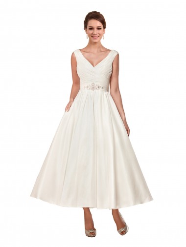Meilleures Ivoire Trapèze Col V Satiné Robes de mariée