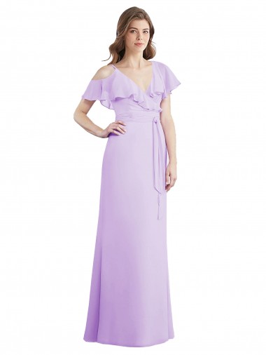 Meilleures Lilas Trapèze Col V Mousseline Longue Robes demoiselle d'honneur