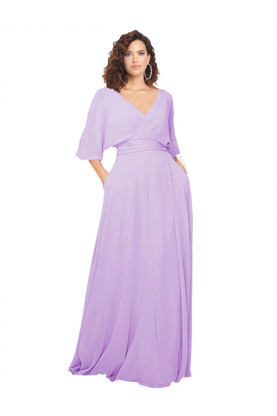 Meilleures Lilas Trapèze Col V Mousseline Longue Robes demoiselle d'honneur