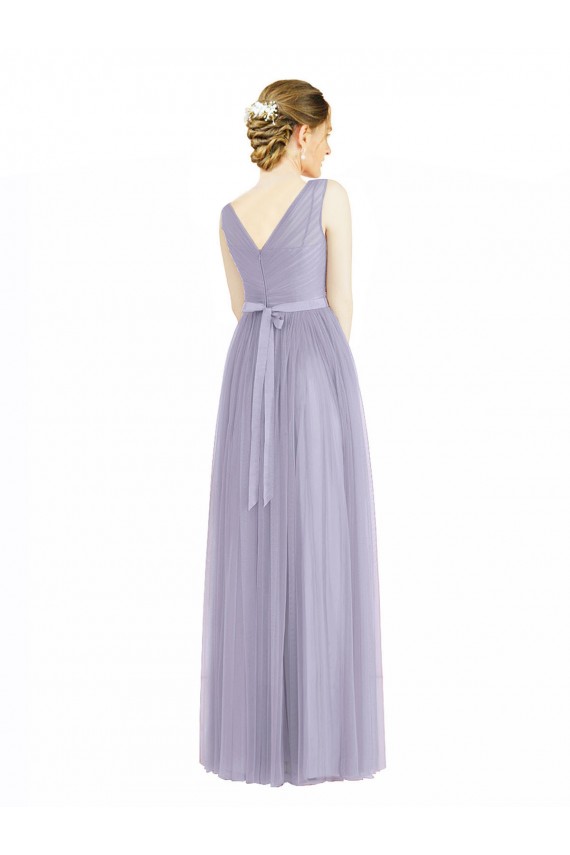 Meilleures Lilas Trapèze Col V Tulle Longue Robes demoiselle d'honneur
