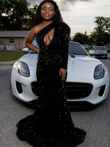 Meilleures Noir Fourreau Balayage train Paillettes Velours Longue Robes de bal