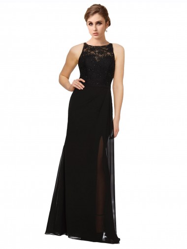 Meilleures Noir Fourreau Col Haut Mousseline Dentelle Longue Robes demoiselle d'honneur