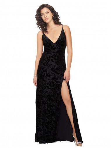Meilleures Noir Fourreau Col V Velours Floral Velours Stretch Longue Robes demoiselle d'honneur