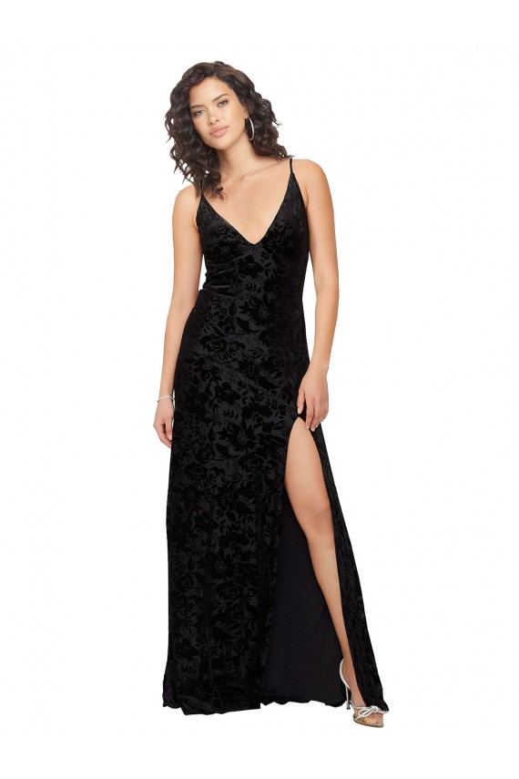 Meilleures Noir Fourreau Col V Velours Floral Velours Stretch Longue Robes demoiselle d'honneur