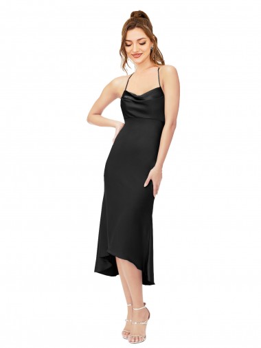 Meilleures Noir Fourreau midi Satiné Soyeux Courte Asymétrique Robes demoiselle d'honneur / Robes de soirée / Robes de cocktail