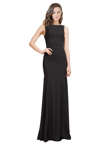 Meilleures Noir Sirène Bateau Crêpe Stretch Longue Robes demoiselle d'honneur / Robes de bal