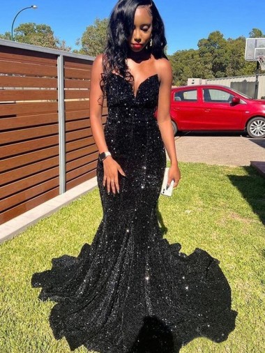 Meilleures Noir Sirène Paillettes Velours Longue Robes de bal