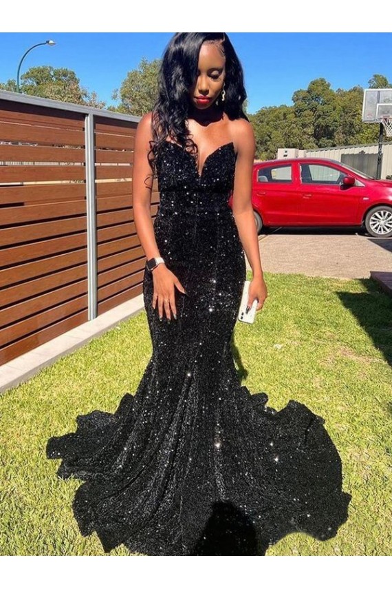 Meilleures Noir Sirène Paillettes Velours Longue Robes de bal