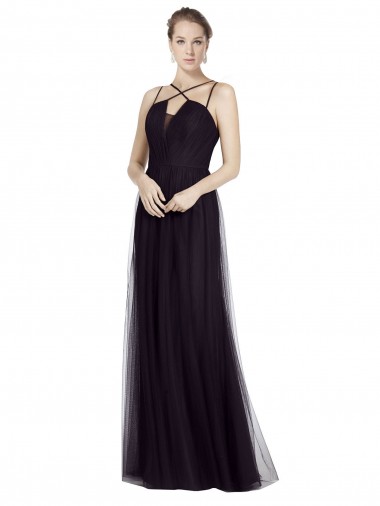 Meilleures Noir Trapèze Bretelles spaghetti Col Haut Tulle Longue Robes demoiselle d'honneur