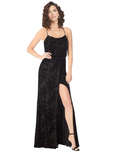 Meilleures Noir Trapèze Bretelles spaghetti Velours Floral Velours Stretch Longue Robes demoiselle d'honneur