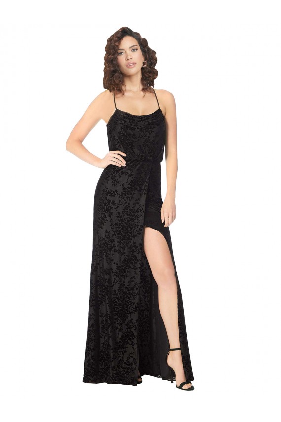Meilleures Noir Trapèze Bretelles spaghetti Velours Floral Velours Stretch Longue Robes demoiselle d'honneur