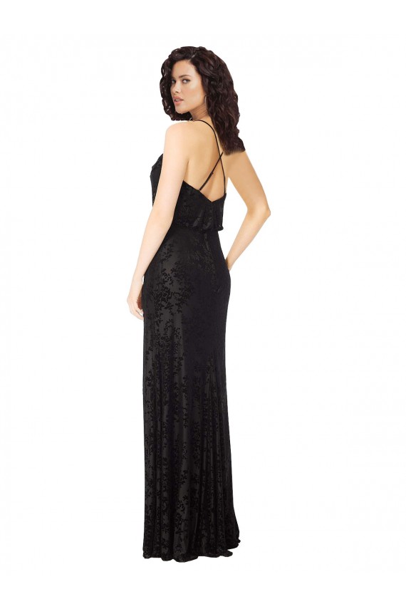 Meilleures Noir Trapèze Bretelles spaghetti Velours Floral Velours Stretch Longue Robes demoiselle d'honneur