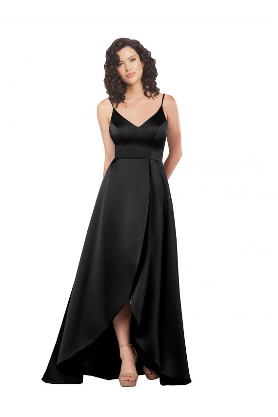 Meilleures Noir Trapèze Col V Satiné Soyeux Longue Asymétrique Formelles Robes demoiselle d'honneur / Robes de soirée / Robes de bal