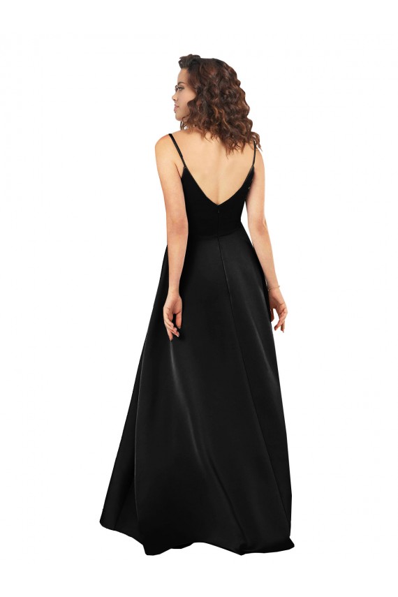 Meilleures Noir Trapèze Col V Satiné Soyeux Longue Asymétrique Formelles Robes demoiselle d'honneur / Robes de soirée / Robes de bal