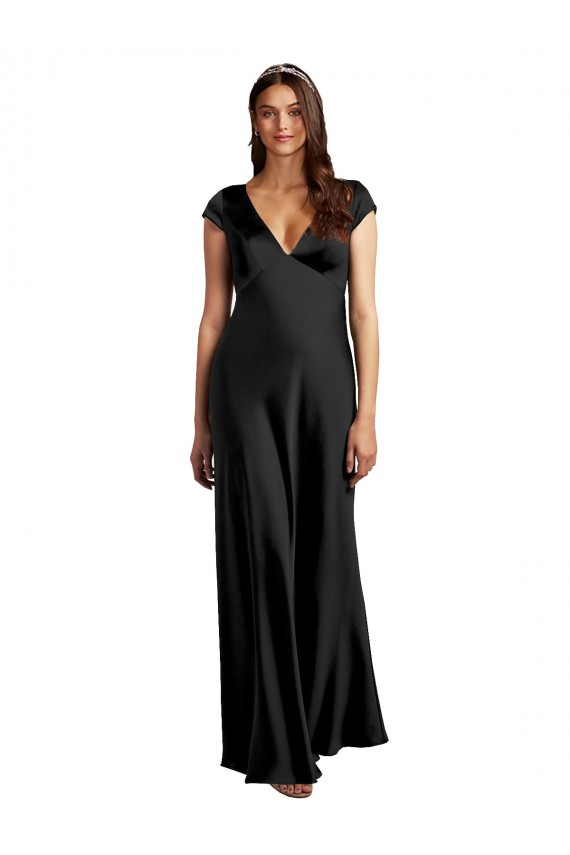 Meilleures Noir Trapèze Col V Satiné Stretch Longue Formelles Robes demoiselle d'honneur / Robes de soirée / Robes de bal